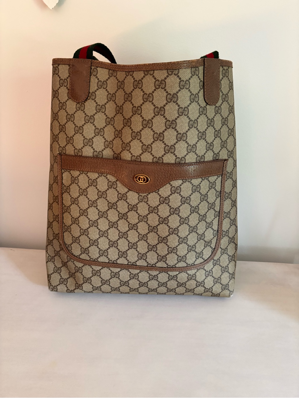 Gucci Monogram Tote In Beige With Brown Trim And Green-Red Web Handles